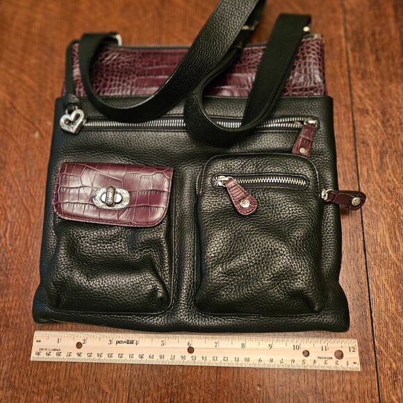 Brighton Black Pebbled Leather 6 pocket Messenger Bag. 12" x 12". Fuax Croc Trim - Picture 7 of 9